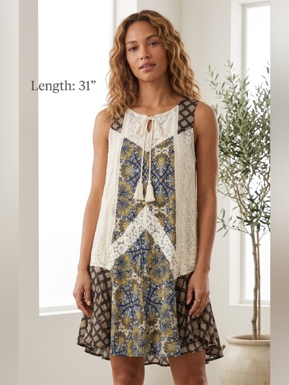 Umgee Cream Crochet Lace Boho Top with Yellow & Navy Trim small
